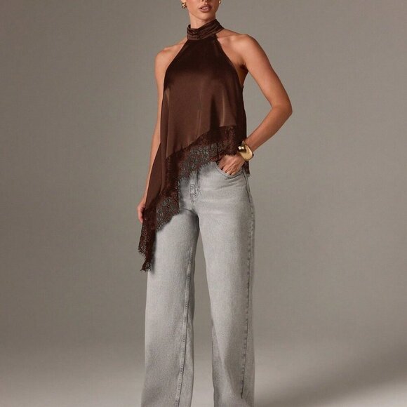 Brown elegant Women's Sleeveless High Neck Lace Trim Asymmetric Satin Top - Picture 4 of 5